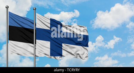 Estonia e Finlandia bandiera sventolare nel vento contro bianco torbido cielo blu insieme. Concetto di Diplomazia e relazioni internazionali. Foto Stock