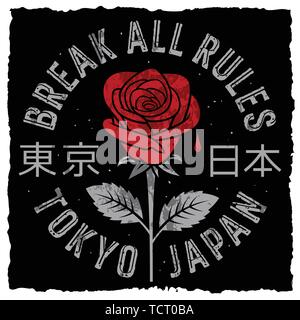 Slogan tipografia con rose e foglie di t shirt stampa, graphic tee, t-shirt design. Infrangere tutte le regole. Geroglifici significato Tokyo Giappone Illustrazione Vettoriale