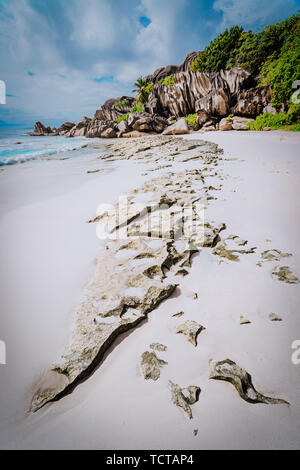 Spiaggia di sabbia incontaminate Grand Anse di La Digue, Seicelle con la sua famosa in tutto il mondo di roccia di granito formazioni. La natura della linea leader. Concetto di viaggio Foto Stock