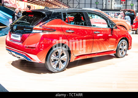 Ginevra, Svizzera, Marzo 07, 2019 Nissan Leaf a Ginevra International Motor Show, seconda gen, compatta a cinque porte hatchback auto elettrica da Nissan Foto Stock