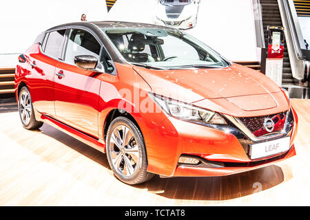 Ginevra, Svizzera, Marzo 07, 2019 Nissan Leaf a Ginevra International Motor Show, seconda gen, compatta a cinque porte hatchback auto elettrica da Nissan Foto Stock