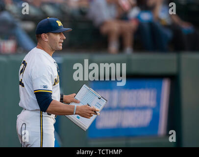 Giugno 08, 2019 a Los Angeles, CA..Michigan coach Erik Bakich chiede per una riproduzione di video durante un NCAA super gioco regionale tra il Michigan Ghiottoni e la UCLA Bruins a Jackie Robinson Stadium di Los Angeles, California. UCLA sconfitto Michigan 5-4. .(Credito: Juan Lainez / MarinMedia.org / Cal Sport Media) Foto Stock