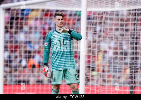 Madrid, Spagna. Decimo Giugno, 2019. Il Campionato europeo di calcio di qualifica, Spagna contro la Svezia; Kepa Arrizabalaga (spagnolo) imposta il suo credito di parete: Azione Plus immagini di sport/Alamy Live News Foto Stock