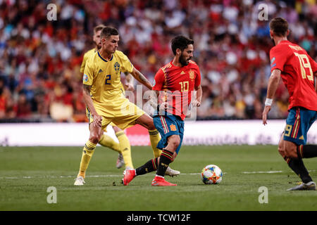 Madrid, Spagna. Decimo Giugno, 2019. Il Campionato europeo di calcio di qualifica, Spagna contro la Svezia; ISCO (spagnolo) assume la difesa Credit: Azione Plus immagini di sport/Alamy Live News Foto Stock