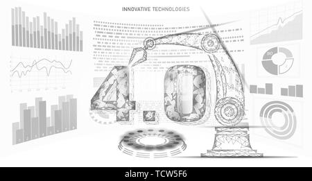 Bassa poli futuro rivoluzione industriale concetto. L'industria 4.0 numero assemblato dal braccio robotico. La tecnologia online di gestione industriale. 3D forma poligonale Illustrazione Vettoriale