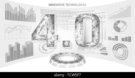 Bassa poli futuro rivoluzione industriale concetto. L'industria 4.0 numero assemblato display HUD. La tecnologia online di gestione industriale. 3D forma poligonale Illustrazione Vettoriale