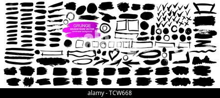 Grande raccolta di elementi di grunge. Sfondo del vettore isolato su sfondo bianco. Vernice e tratti di inchiostro per il design. Illustrazione Vettoriale