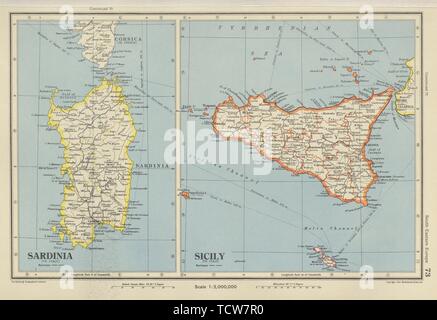 L'Italia. La Sicilia e la Sardegna Sardegna. Isole Eolie. Bartolomeo 1947 mappa vecchia Foto Stock