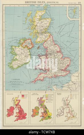 Isole britanniche. La densità di popolazione. Tipi di agricoltura. Griglia di elettricità 1947 mappa Foto Stock