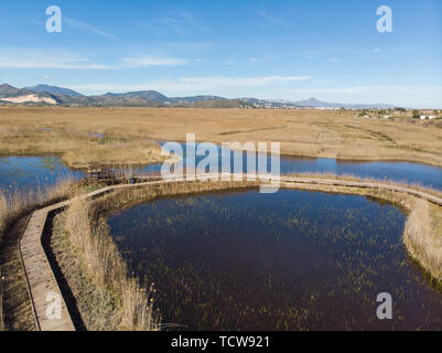 Vista aerea del legno di un percorso su una palude nelle zone umide natura parco de La Marjal in Pego e Oliva, Spagna. Foto Stock