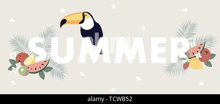 Carino Estate web banner con toucan bird, di frutta esotica, fiori e foglie di palma. Stagionale della scheda Messaggi di saluto e invito. Sfondo floreale. Vettore Illustrazione Vettoriale