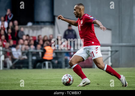 Danimarca Copenhagen - Giugno 7, 2019. Martin Braithwaite (11) della Danimarca visto durante l'EURO 2020 qualifier match tra Danimarca e Irlanda a Telia Parken di Copenaghen. (Photo credit: Gonzales foto - Kim M. Leland). Foto Stock