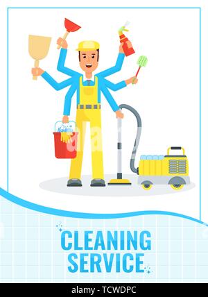 Modello di poster con il multitasking uomo di pulizia. Piatto di vettore personaggio dei fumetti. Illustrazione Vettoriale