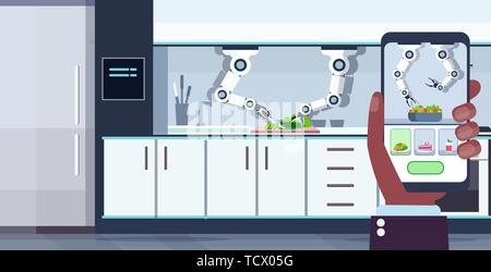 Mano umana utilizzando l'applicazione mobile smart comodo chef di cucina di robot che serve cibo cucina assistente robotico tecnologia innovazione artificial Illustrazione Vettoriale