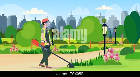 Giardiniere uomo in uniforme taglio erba con decespugliatore giardinaggio concetto urbano per la città park cityscape sfondo pieno piana orizzontale di lunghezza Illustrazione Vettoriale