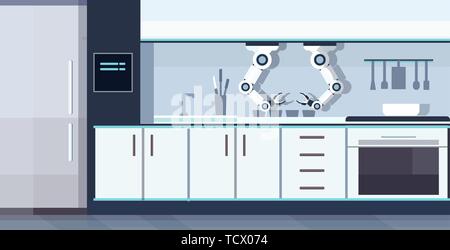 Smart comodo chef robot assistente robotico di automazione innovazione tecnologia di intelligenza artificiale nozione moderna cucina interna orizzontale piana Illustrazione Vettoriale