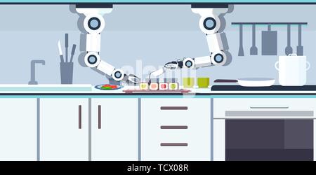 Smart pratico robot chef prepara sushi assistente robotico innovazione tecnologia di intelligenza artificiale nozione moderna cucina interna orizzontale piana Illustrazione Vettoriale