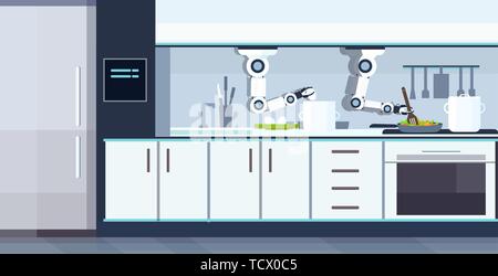 Smart pratico robot chef preparare uova fritte e omelette assistente robotico innovazione tecnologia di intelligenza artificiale nozione moderna cucina interno Illustrazione Vettoriale