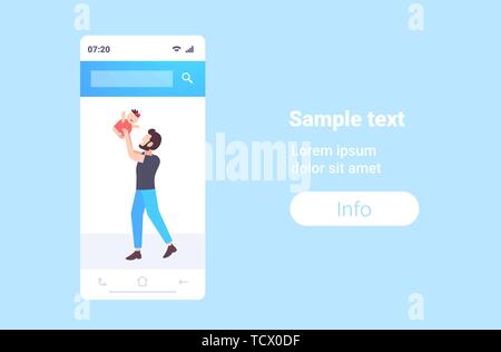 L'uomo solleva il suo piccolo bambino padre e figlio giocare divertimento felice famiglia paternità concetto lo schermo dello smartphone mobile application cartoon Illustrazione Vettoriale