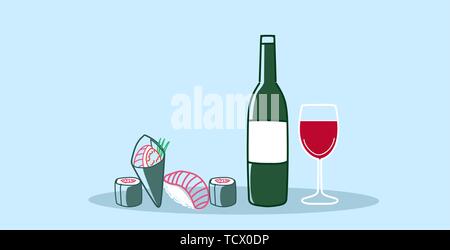 Rotoli di sushi con un bicchiere di vino rosso tradizionale cucina giapponese cena romantica concetto schizzo doodle disegnati a mano in orizzontale Illustrazione Vettoriale