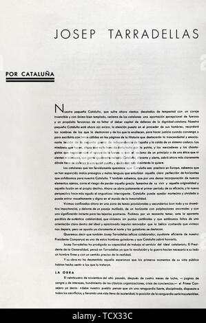 Revista "Nova Iberia, número 2, febrero de 1937. Revista del Comissariat de Propaganda de la Generalitat de Catalunya, editada entre enero y abril de 1937. Su finalidad consistía en explicar las actividades de la Catalogna republicana, concienciamiento y de la población. Artículo dedicado a Josep Tarradellas (1899-1988). Biblioteca Histórico-Militar de Barcelona. Cataluña. España. Foto Stock