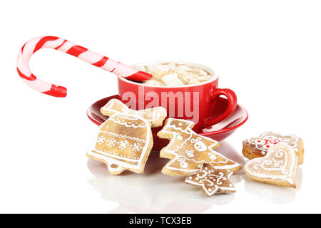 Tazza di caffè con dolcezza di Natale isolato su bianco Foto Stock