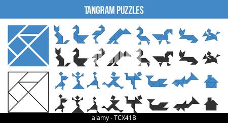 Tangram, gioco di puzzle. Set di forme per bambini attività che aiuta a imparare le forme geometriche. Gli animali , gli uccelli, pesci e persone fatte di triangoli, squa Illustrazione Vettoriale