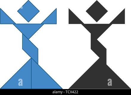 Donna vincitore Tangram. Cinese tradizionale puzzle di dissezione, sette pezzi di pannellizzazione - forme geometriche: triangoli, quadrati rhombus , parallelogramma. Pensione Illustrazione Vettoriale