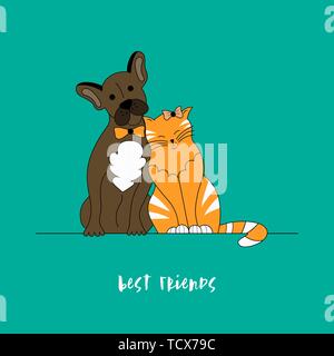 Funny dog e cute cat migliori amici. Illustrazione Vettoriale. Illustrazione Vettoriale