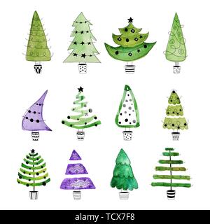 Albero di natale set. Disegnata a mano alberi di Natale con le stelle e le sfere. Illustrazione Vettoriale