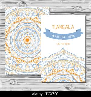 Vettore modello flyer con disegnati a mano mandala. Profilo di decorazioni floreali in stile orientale. Telaio del modello per salvare la data e il biglietto di auguri, wedding invi Illustrazione Vettoriale