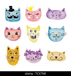 Carino acquerello vettore gatti set. Può essere utilizzato per i libri di scuola e disegno, poster, T-shirt e stampa di cartoni animati. Illustrazione Vettoriale