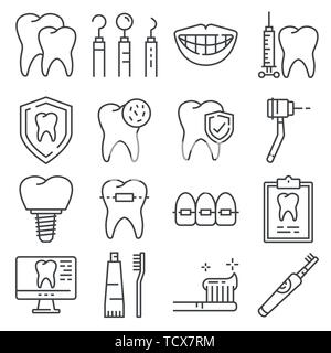 Le icone della linea di cure dentarie e dentista servizi su sfondo bianco Illustrazione Vettoriale