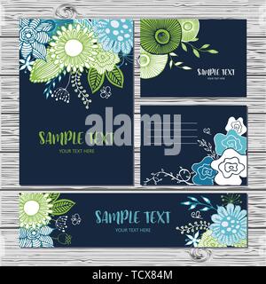 Set di quattro card con disegnati a mano fiori e foglie su uno sfondo blu. In primavera i banner. Illustrazione Vettoriale