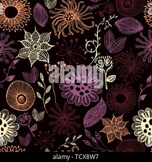 Colorato seamless texture botanico, fiori dettagliate illustrazioni. Doodle style, molla floral background.Vettore motivo floreale. Illustrazione Vettoriale