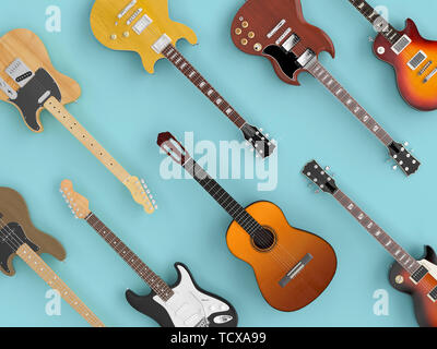 Gruppo di chitarre differenty visto da sopra al piatto stile di laici. Immagine 3D render. Foto Stock