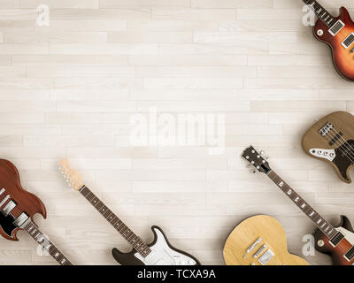 Gruppo di chitarre differenty visto da sopra al piatto stile laici su legno parquet. Immagine 3D render. Foto Stock