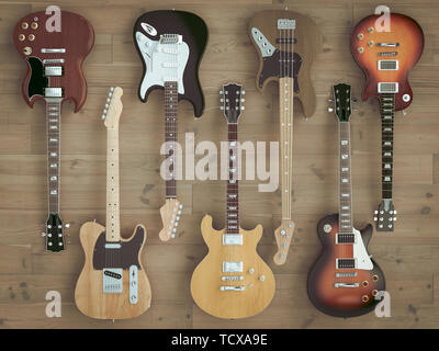 3D Image Rendering di un gruppo di chitarre con pavimento in legno, stile appartamento laici. Foto Stock