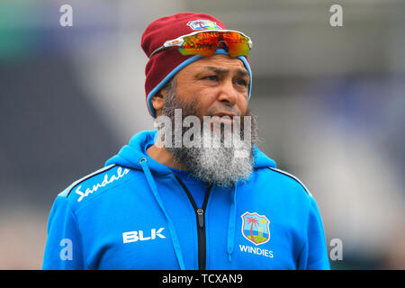 West Indies Spin Bowling Coach Mushtaq Ahmed durante la partita di gruppo ICC Cricket World Cup all'Hampshire Bowl di Southampton. Foto Stock