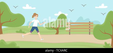 Ragazza in uniforme in esecuzione nel parco. Morning jog. Uno stile di vita sano. Appartamento illustrazione vettoriale. Illustrazione Vettoriale