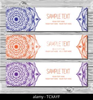 Set di schede in stile etnico.I modelli con doodle tribal mandala. Disegno ritagliato con maschera di ritaglio. Annullamento della maschera di ritaglio, puoi facilmente chang Illustrazione Vettoriale