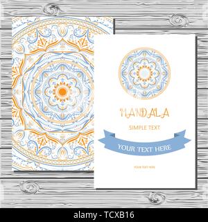 Vettore modello flyer con disegnati a mano mandala. Profilo di decorazioni floreali in stile orientale. Telaio del modello per salvare la data e il biglietto di auguri, wedding invi Illustrazione Vettoriale