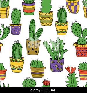 Disegnata a mano vector seamless pattern con cute cactus colorati. Bellissimo design floreale elementi, perfetto per stampe e modelli. Illustrazione Vettoriale