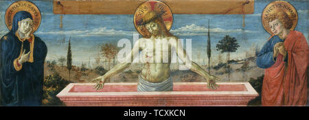 Uomo dei dolori che ben conosce il patire tra la Vergine e San Giovanni Evangelista, 1469-1474 . Creatore: Gozzoli, Benozzo (1420-1497 ca.). Foto Stock