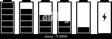 Indicatore di carica della batteria set di icone. Livello di carica piena potenza da alto a basso e spina elettrica. Gadget alcalino dello stato energetico illustrazione vettoriale EPS 10 Illustrazione Vettoriale