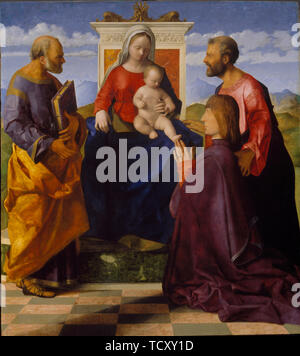 Vergine con Bambino e San Pietro, San Marco e un donatore, 1505. Creatore: Bellini, Giovanni (1430-1516). Foto Stock