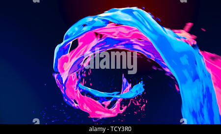 Abstract luminoso liquido colorato flusso a vortice con spruzzi. Ondulazione superficie di acqua vicino la moto con bolle di aria isolata su sfondo scuro. 4K 3D il Foto Stock