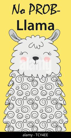 Disegnata a mano illustrazione vettoriale di un simpatico funny llama faccia stile Scandinavo design piatto. Iscrizione no drama - Lama Illustrazione Vettoriale