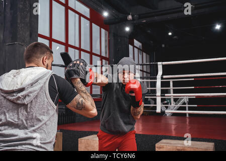 Allenamento duro. Fiducioso muscal atleta in rosso i guanti formazione sulle zampe di inscatolamento con partner in nero il pugilato palestra Foto Stock