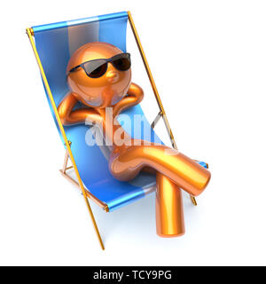 Uomo di carattere spensierato rilassante spiaggia sdraio occhiali da sole il comfort estivo stilizzata golden agghiacciante cartoon persona sdraio chaise lounge tourist s Foto Stock